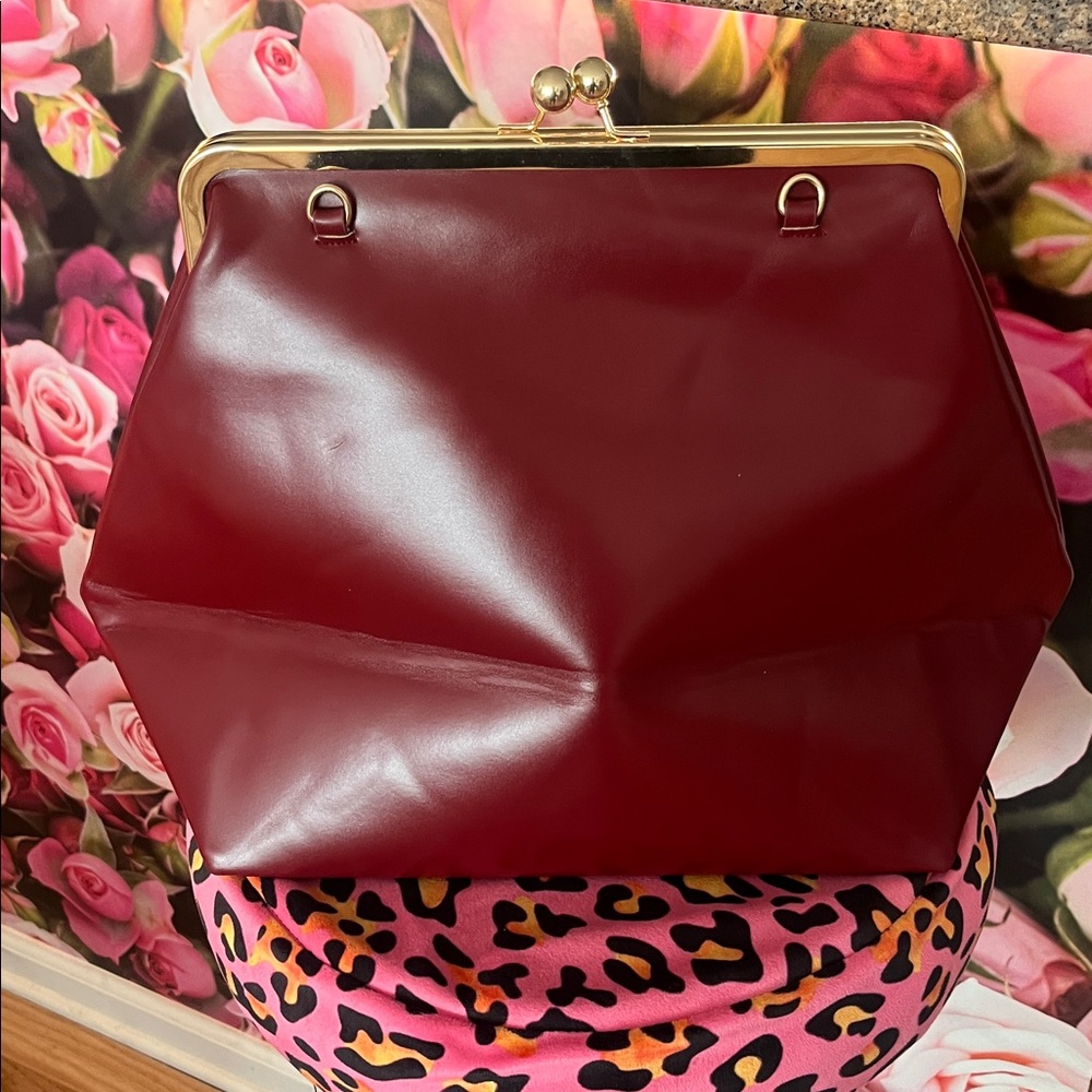 Large Elegant Burgundy Clutch with Gold Frame - Picture 3 of 6